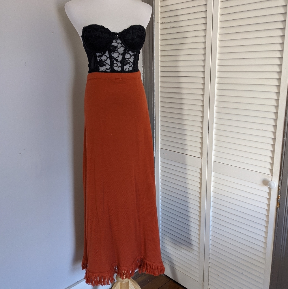 Vintage 90's Orange maxi skirt with bottom fringe